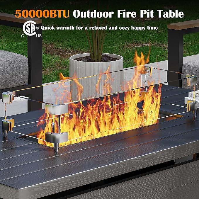 Metal Patio Furniture Set with 51inch Grey Fire Pit Table, 6-Piece Modern Outdoor Conversation Set with 6-Inch Thick Cushions, Outdoor Furniture Set for Garden, Backyard, Balcony, Poolside (Dark Grey)