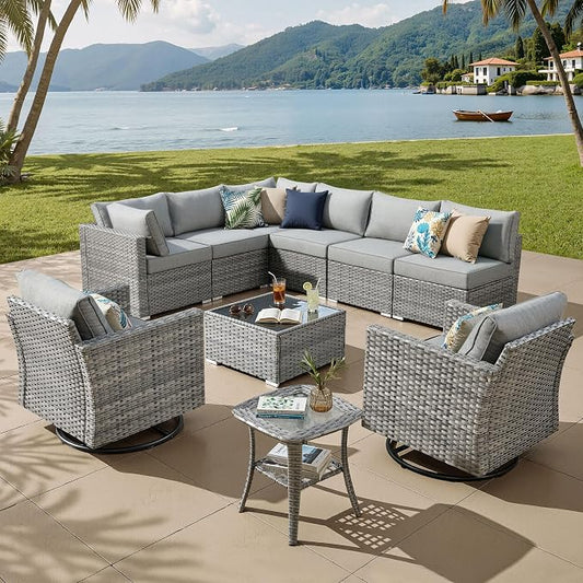 ovios Outdoor 10 Piece Coversation Set with Swivel Rocking Chair,Sectional Patio Furniture Set with All-Weather Wicker Sofa,Modern Outside Couch for Balcony Backyard Pool, Dark Grey