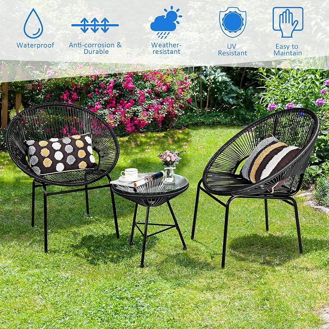 COSTWAY 3-Piece Outdoor Acapulco Chair Set, Wicker Conversation Bistro Sets with Plastic Rope, Glass Top Table, Patio Rattan Furniture Set for Garden, Balcony, Lawn, Backyard, Apartment, Black