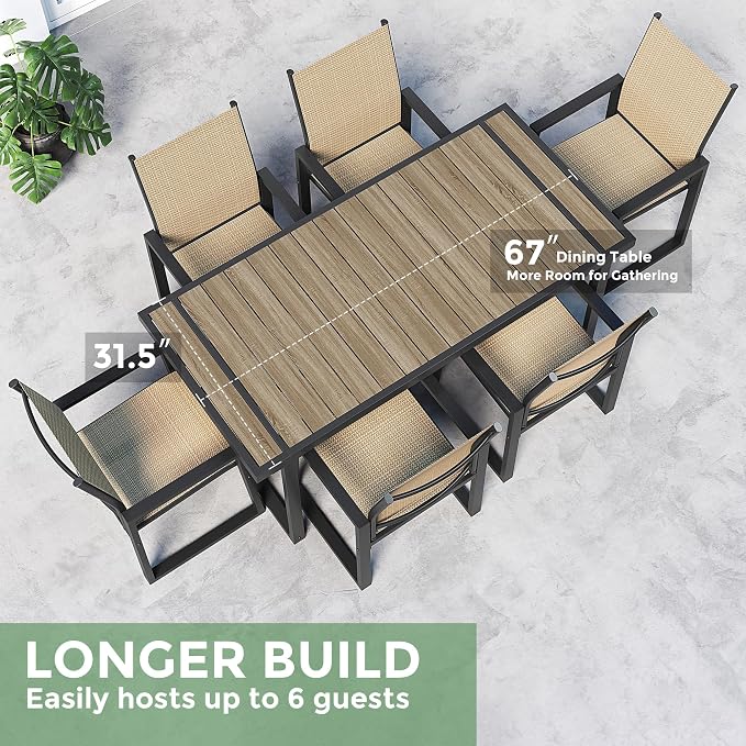 Jocoevol 7 Piece Patio Dining Set for 6, Outdoor Furniture Set Includes 67" Rectangle Patio Table and 6 Textilene Dining Chairs, Outdoor Table and Chairs for Outsides, Backyard, Garden and Poolside