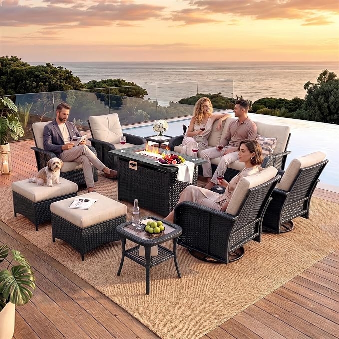 LazySunsets 12 Piece Outdoor Patio Furniture Set with 44'' Fire Pit Table, Wicker Rattan Outdoor Furniture with High Back Swivel Rocker Chairs, Outdoor Sofa Set with Thick Cushions & Ottoman, Beige