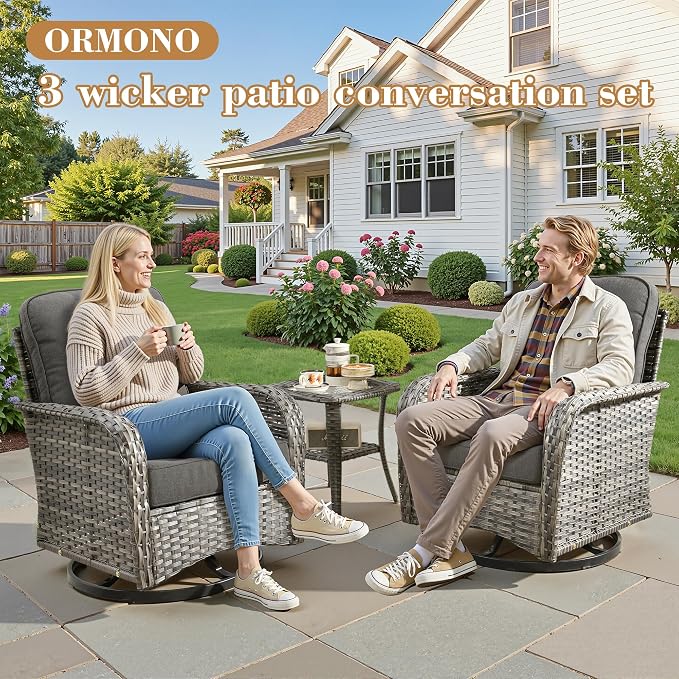 3 Pieces Patio Furniture Set, High Back Outdoor Swivel Rocker Chairs, Wicker Outdoor Furniture with Swivel Rocking Chairs and Side Table for Porch, Backyard, Balcony, Black