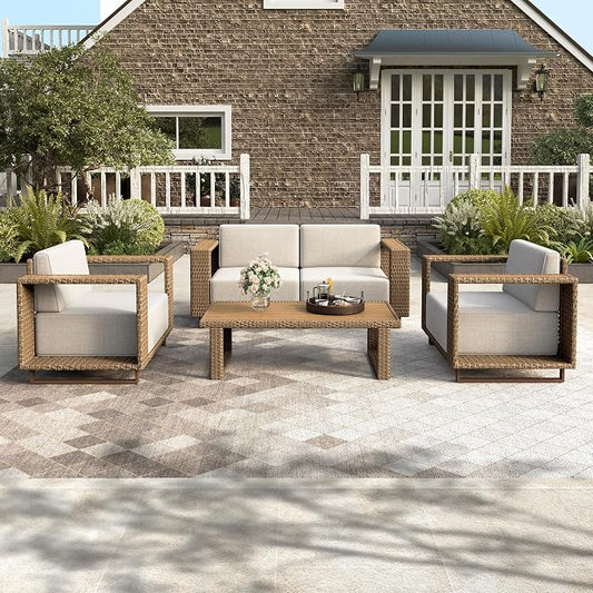 HERA'S HOUSE Patio Furniture Set, 4-Seat Outdoor Wicker Couch Conversation Sets with 10" Ultra Thick Cushion, Low Profile Yellow Rattan Furniture with 5.3" Wide Arm for Backyard Lawn Garden
