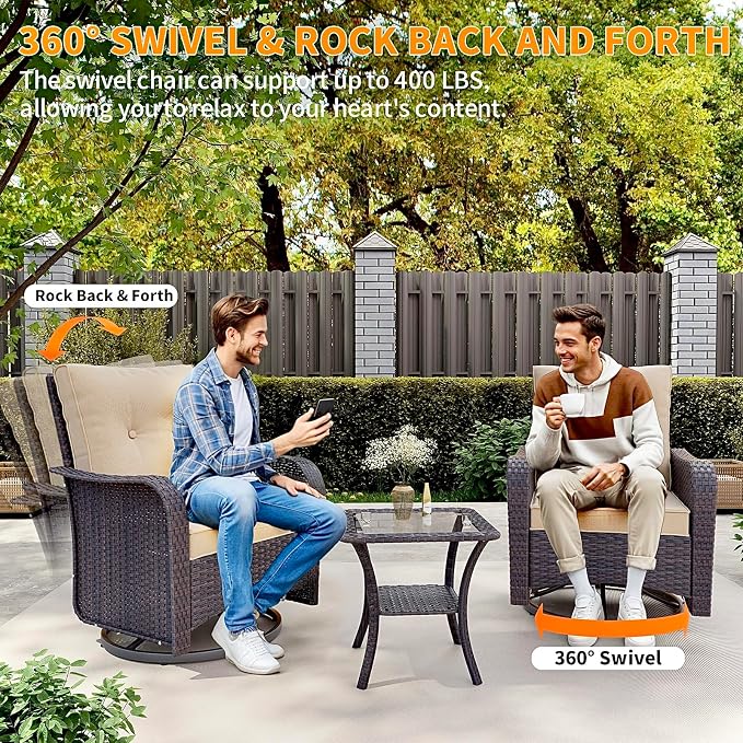 Gotland 10 Pieces Patio Furniture Set with 2 Swivel Rocking Chairs 1 Fire Pit Table, Patio Furniture in 4 Combinations with 1 Coffee Table Wide Armrests 29.5'' High Backrest,for Deck Garden Pool Khaki