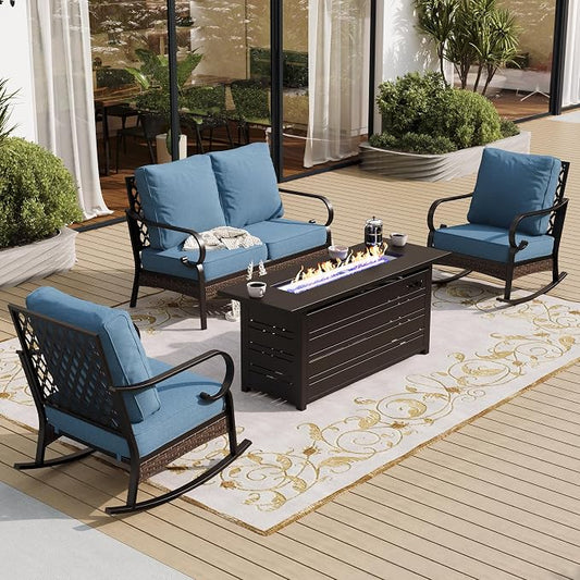 SUNSHINE VALLEY 4 Piece Metal Outdoor Patio Furniture Sets with Firepit Table, Patio Conversation Sets 1 2-Seater Sofa, 2 Rocking Sofa with 5.75" Cushion Black Backyard Furniture for Deck, Denim Blue