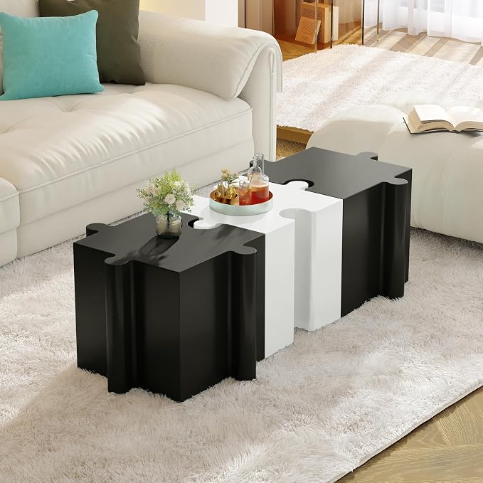 Christopher Knight Home Daton Interlocking Puzzle Outdoor Side Table, Lightweight Concrete Patio Coffee Table, Convex Edge MGO Modular End Table, Creative Set Up for Indoor&Outdoor Use, Black