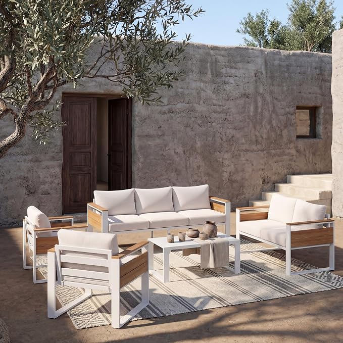 ENSTVER Aluminum Patio Furniture Sets, 7-Seat Outdoor Sofa with Premium Olefin Fabric Cushions & Zero-Maintenance Frame, Patio Sectional Conversation Set for Poolside, Garden