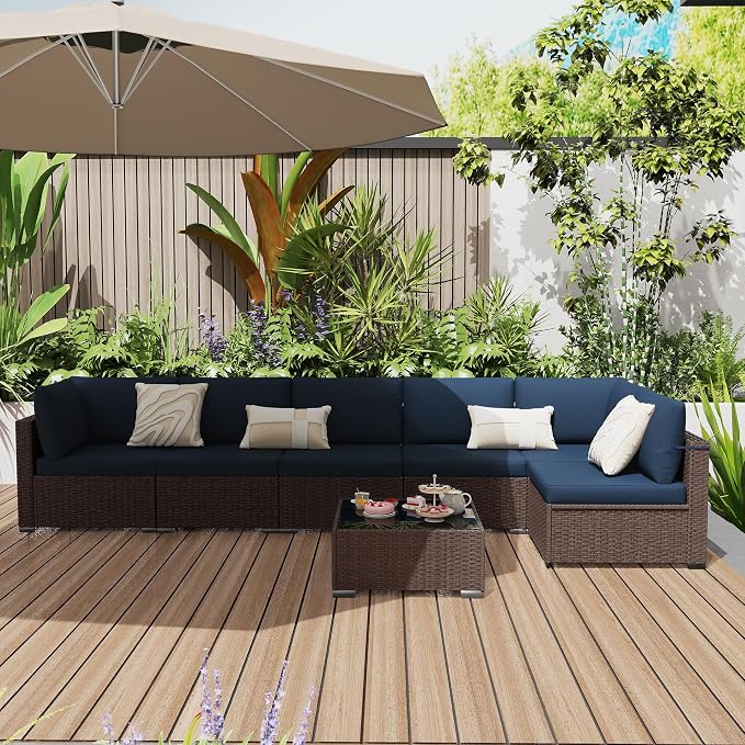 KIGOTY 7-Piece Patio Furniture Set, All-Weather PE Rattan Outdoor Sectional Sofa, Modular Wicker Conversation Set with Thick Cushions & Easy-Clean Coffee Table（Brown/Navy）