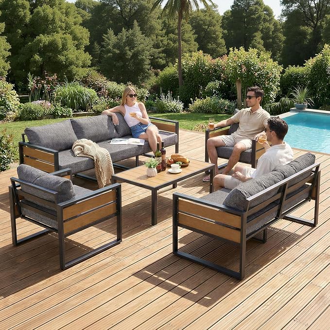 Furnimart Patio Furniture Set, 5-Piece Metal Outdoor Sectional, 7-Seat Patio Conversation Set with Deep Seating, Thick Cushions & Coffee Table for Backyard, Porch & Deck, Gray