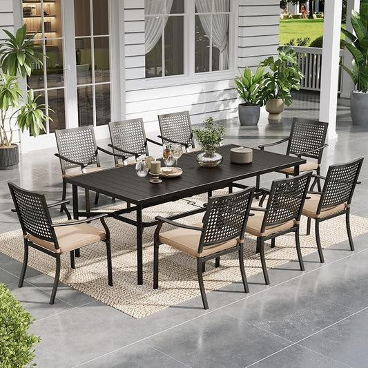 Sophia & William Patio Table and Chairs Set, Outdoor Dining Set for 8, 9 Piece Metal Patio Furniture, 82.7" Black Rectangular Table(Beehive)