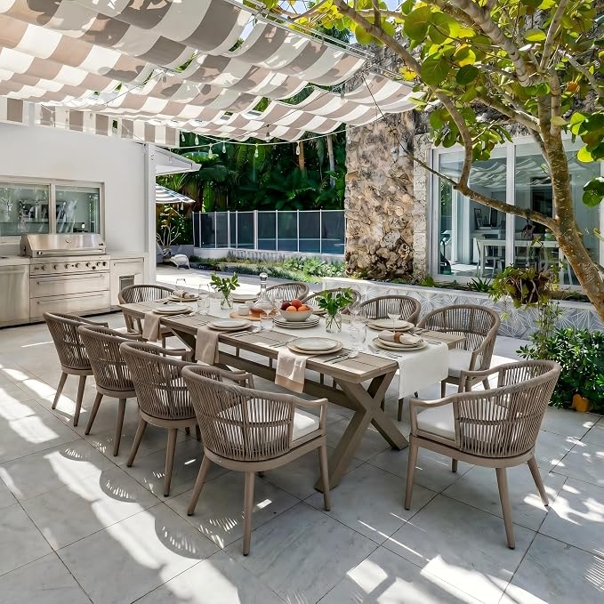 PURPLE LEAF 11 Pieces Outdoor Dining Set All Weather Wicker Patio Dining Set with Rectangular Aluminum Table and Modern Armrest Dining Chairs for Garden Deck Backyard Kitchen, Champagne