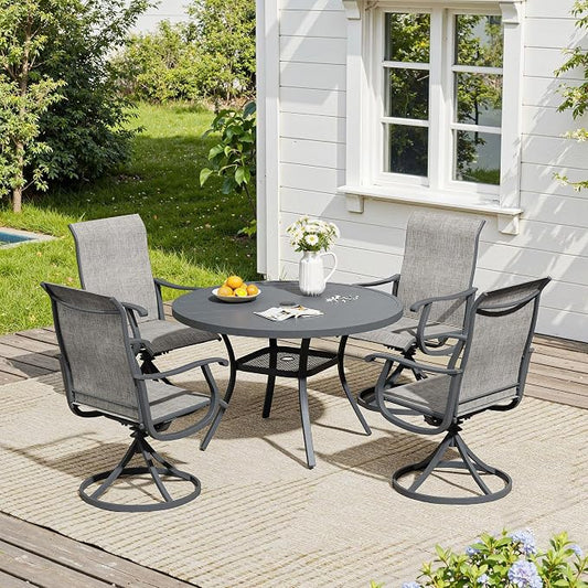 VICLLAX 5 Pieces Outdoor Dining Set, Patio Furniture Set of 4 Patio Swivel Dining Chairs and 41" Patio Round Table with Storage Shelf, Grey Chairs & Dark Grey Tabletop