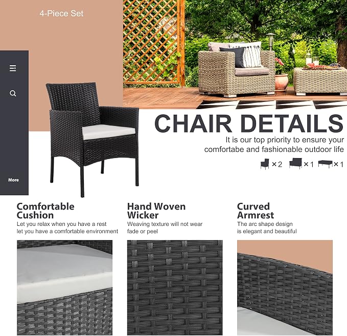Shintenchi 4 Piece Patio Furniture Sets, Outdoor Small Patio Table and Chairs Set, Rattan Patio Conversation Set, Balcony Porch Furniture with Tempered Glass Coffee Table for Outside, Black