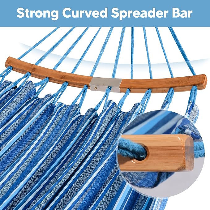SUNCREAT Hammocks Double Hammock with Curved Spreader Bar, Outdoor Portable Hammock with Carrying Bag & Tree Straps for Bedroom, Patio, Backyard, Balcony, Max 450lbs Capacity, Blue