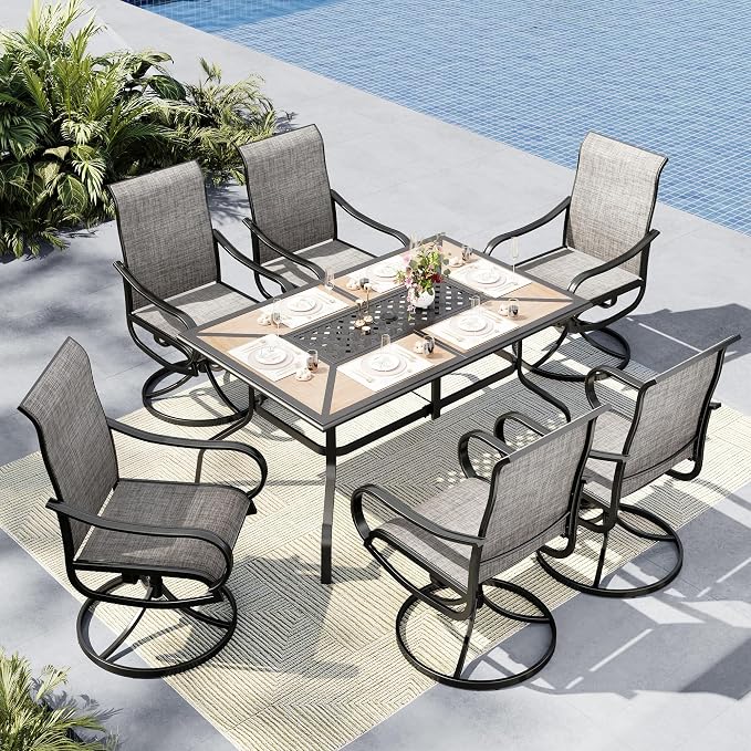 MFSTUDIO Patio Table and Chairs Set of 6, Patio Dining Sets with Umbrella Hole, 7 Piece Outdoor Dining Set for Deck, Backyard, Poolside & Garden
