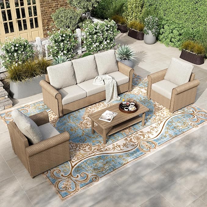 HERA'S HOUSE Patio Furniture Set, 4 x Cushioned Chairs, 3-Seat Sofa with Wood Grain Coffee Table, 5 Seats Luxury Windsor Style All Weahter Outdoor Sofa Conversation Set for Deck Lawn Backyard