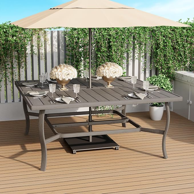 HAPPATIO 9 Piece Patio Dining Set, Aluminum Outdoor Dining Set for 8, 59" Large Square Dining Table with Umbrella Hole and 8 Chairs, Outdoor Table and Chairs for Lawn Yard Patio