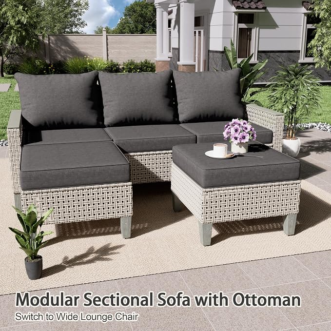 Outdoor Patio Furniture Set with Rattan Fire Pit Table 8-Piece Modular Wicker Sectional Sofa with Ottomans and Thick Cushions, Modern Rattan Outdoor Conversation Couch, Black