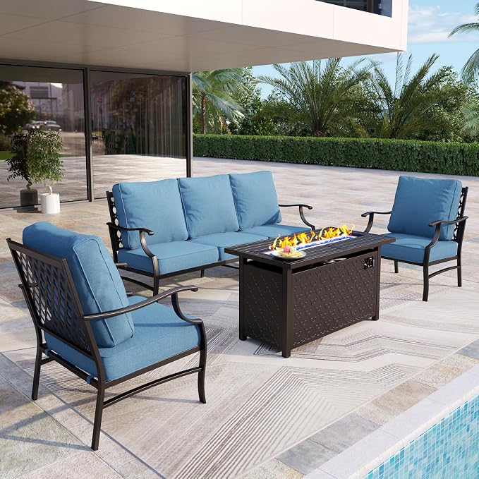 MIXPATIO Patio Furniture Set, 4 Pcs Metal Outdoor Conversation Set, 2 Single Chairs and 3 Seater Sofa with 5.75" Extra Thick Cushion and Gas Fire Pit Table for Backyard Deck, Navy Blue
