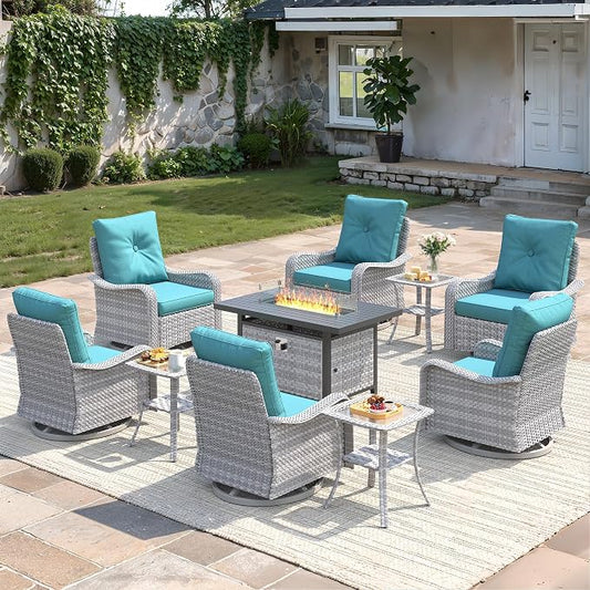 10-Piece Outdoor Conversation Set with 43" Fire Pit Table, 6 Swivel Rocking Chairs (4" Cushions) & 3 Side Tables, All-Weather PE Rattan & Steel Frame for Porch, Deck, Backyard, Turquoise