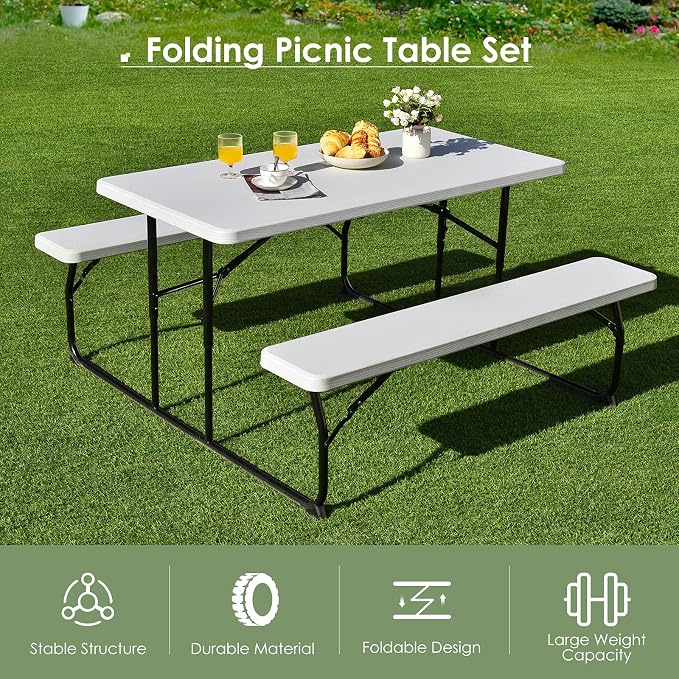 Giantex Folding Picnic Table Bench Set, Outdoor Dining Table Set, Large Camping Table for Patio Deck Lawn Garden Backyard Poolside, Portable Picnic Tables, Weather Resistant Metal Frame, White