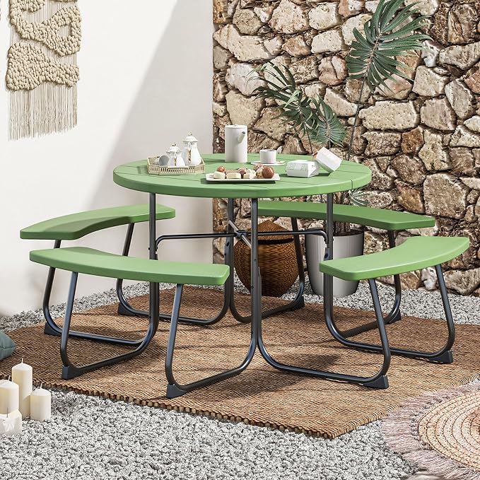Moccha Picnic Table Bench Set - Outdoor Table and Chairs with Umbrella Hole, HDPE Tabletop & Metal Frame, Dining Table Set, Outdoor Camping Table for Garden Backyard Porch Patio Table Set (Green)
