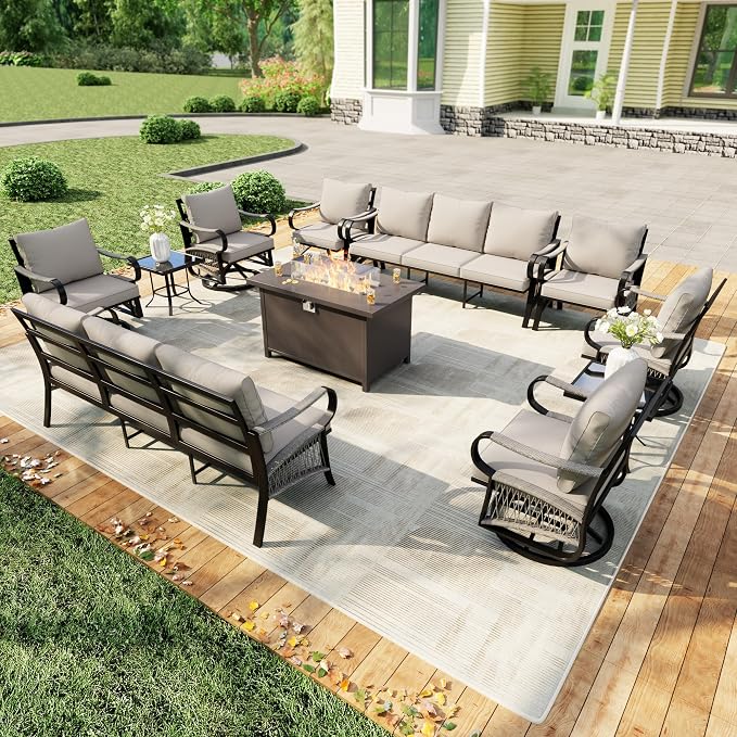 11 Pieces Outdoor Patio Conversation Sets, Outdoor Furniture Set Metal 2 Three-Seater 4 Swivel Rockers with 2 Side Tables 2 Single Chairs with Fire Pit Table for Backyard Deck Porch Poolside, Beige