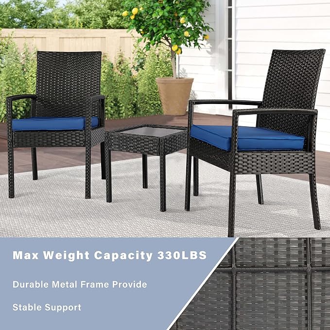 3PCS PE Rattan Patio Conversation Set, Outdoor Patio Furniture Sets | Thick Polyester Cushions, Tempered Coffee Table, Steel Frame Holds 330 LBS for Backyard Lawn Porch Poolside Balcony, Blue