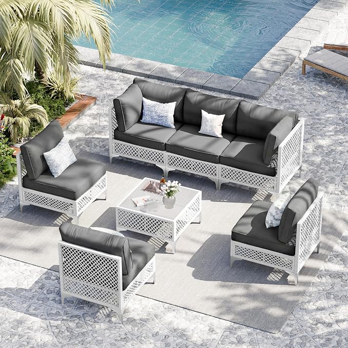 Vikiullf Patio Conversation Set, 7 Piece Outdoor Sectional Sofa Set with Coffee Table, White Wicker with Grey Cushions (White and Grey, 7 piece)