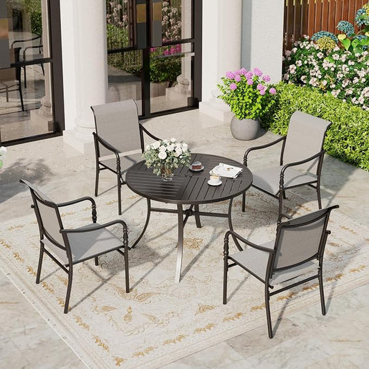 SUNSHINE VALLEY Patio Table and Chairs Set of 4, All-Weather Breathable Textilene Patio Chair with Gourd-Shaped Armrests, 42x42 Round Table with Umbrella Hole, 5 Pcs Metal Frame Patio Dining Set