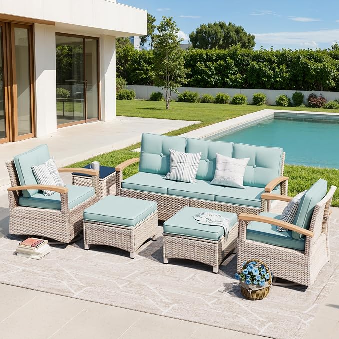 MEISSALIVVE 6 Pieces Patio Furniture Sets,Wicker Patio Conversation Sets with 2 Wood Armrests Swivel Glide Chairs, 2 Ottomans for Deck Yard and Poolside (Blue)