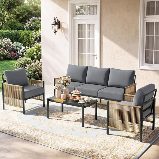 Aluminum Outdoor Patio Furniture Set, 5 Seats Outdoor Sectional with Coffee Table, Patio Conversation Sets with Washable Thick Cushions and Waterproof Cover for Backyard/Garden /Poolside, Gray