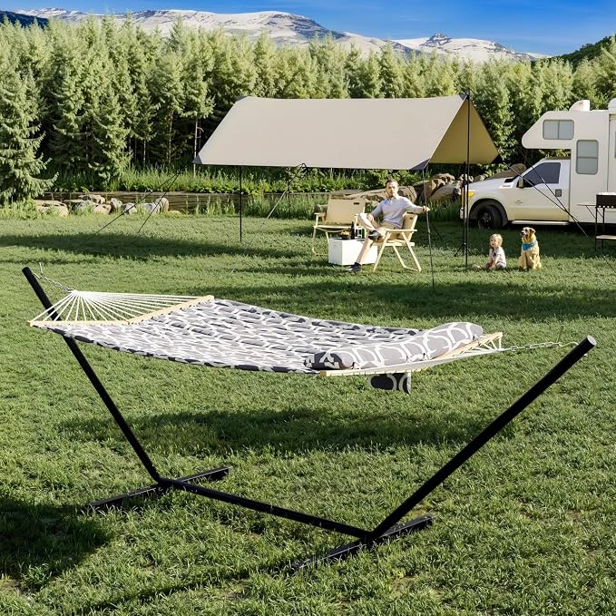 Double Hammock with Stand – 2-Person Quilted Polyester, 450lbs Capacity, Hardwood Spreader Bar, Weather-Resistant, Comfortable & Portable for Patio, Garden, Backyard, Beach – Light Grey