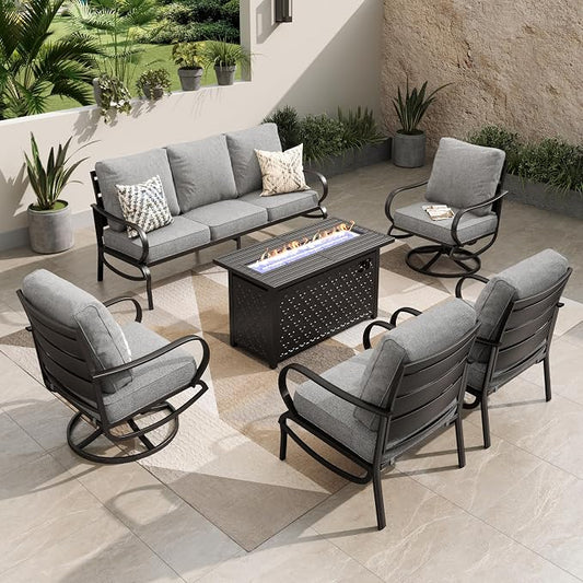 PHI VILLA Patio Conversation Set with Fire Pit, 7 Seat with 45" Firepit Table, Swivel & Fixed, Grey