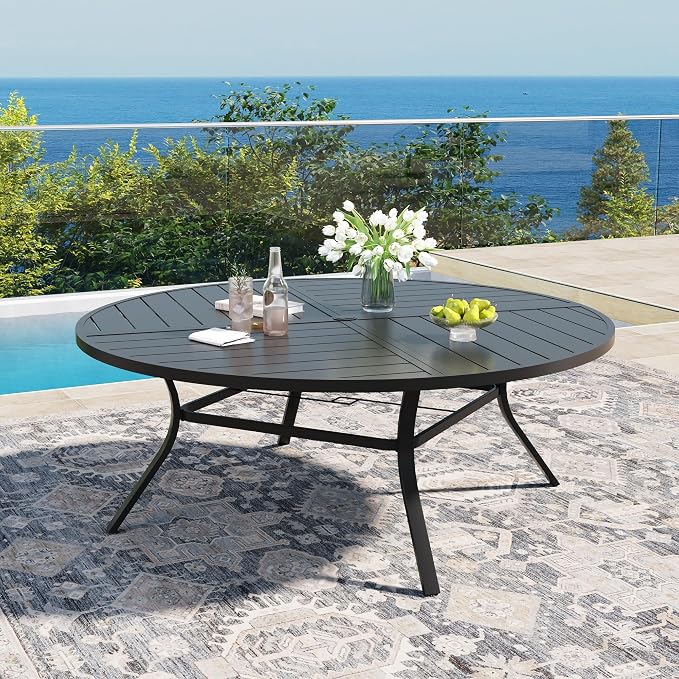 DIFY 11 Piece Outdoor Patio Dining Set for 10, 63" Round Dining Table with Umbrella Hole and Stackable Metal Chairs, Patio Table and Chairs Set for Backyard Garden Poolside, Black