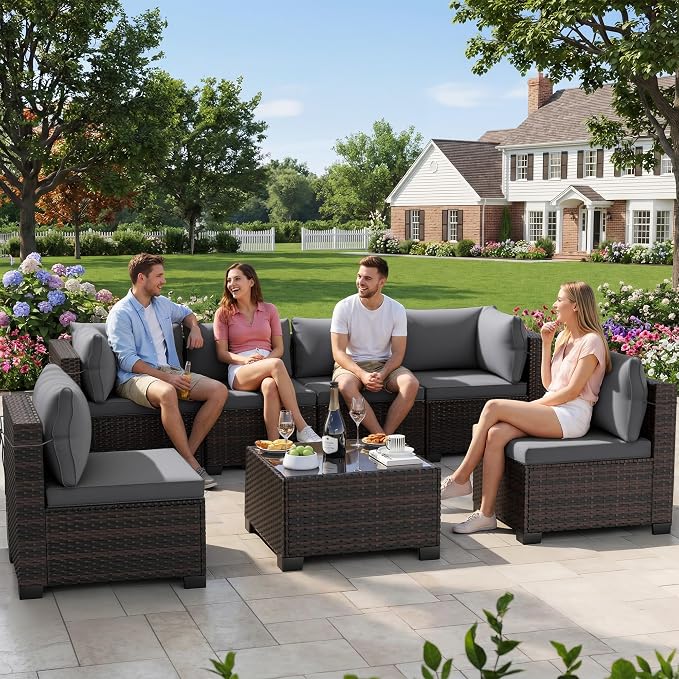 CHABATREE 7pcs Outdoor Patio Furniture Sets,Rattan Conversation Sectional Set,Manual Weaving Wicker Patio Sofa with Tea Table