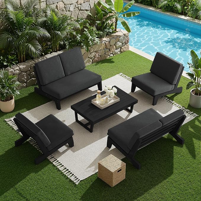 5 Pieces All Weather Black Wood Patio Furniture Sets, 2 Patio Loveseat, 2 Patio Bistro Chair, Outdoor Sectional Sofa Furniture Backyard Conversation Set with Coffee Table - Dark Gray