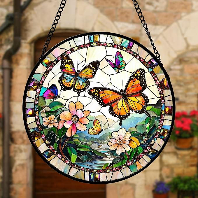 DASTOLL Stained Glass Window Hanging, Butterflies Flying in the Sky Suncatcher for Doors Home Sun Catchers Decoration and Christmas, Mother's Day Birthday Gifts for Women, Men, and Mom 11.8x11.8 in