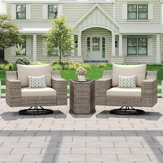 LUXOAK 3-Piece Outdoor Wicker Patio Furniture Set, 360° Swivel Rocking Chairs with Storage Side Table, PE Rattan Conversation Set with 6" Wide Armrests & Thick Cushions, for Porch/Deck/Garden/Backyard