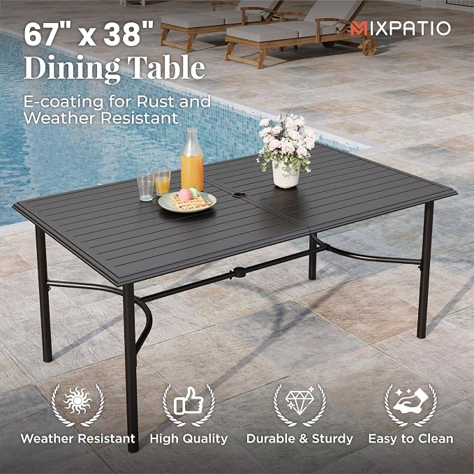 MIXPATIO 7-Piece Outdoor Dining Set 6 Red Textilene Chairs and Steel Rectangle Table with 1.97” Umbrella Hole for Deck Garden Backyard Lawn Poolside