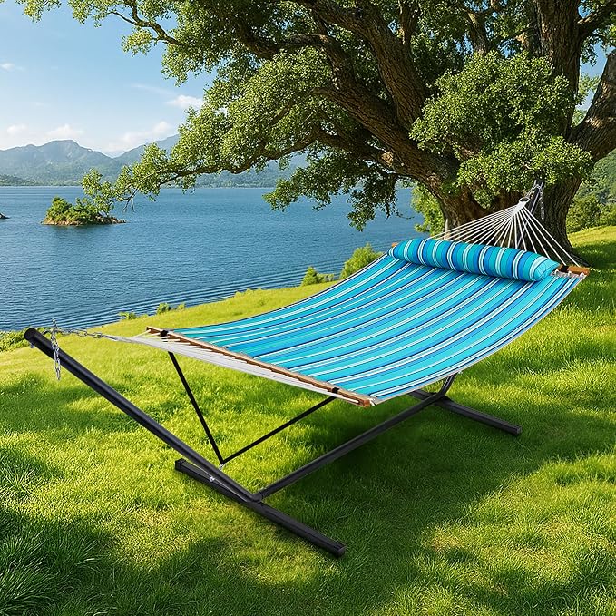 SUPERJARE Hammock with Stand, 2 Person Quilted Outdoor Hammock, Detachable Pillow & Bamboo Spreaders, Portable Hammock with Carrying Bag, Heavy Duty Stand, Perfect for Outside, Patio, Aqua Blue