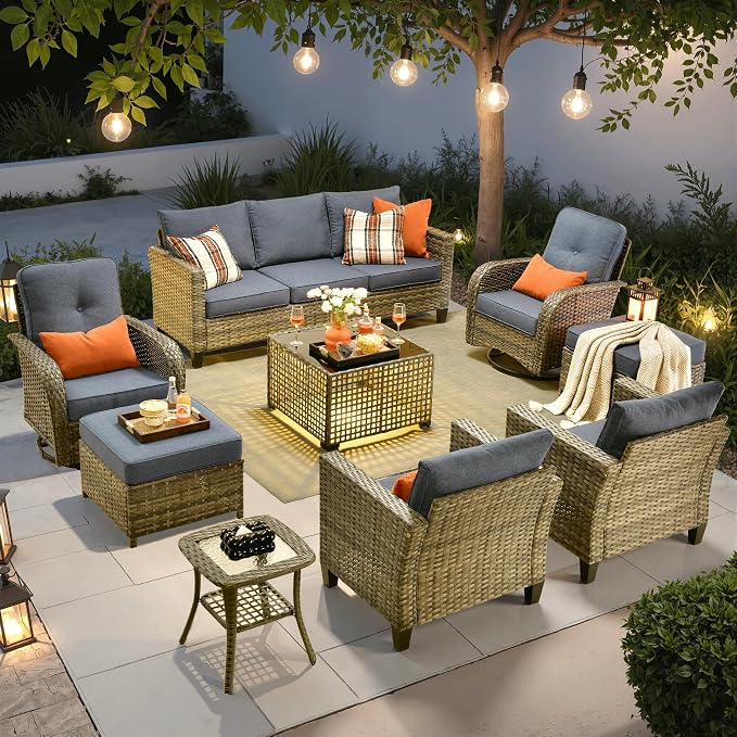 ovios 9 Pieces Patio Furniture Set, Outdoor Wicker Sofa Couch with Swivel Glider Chairs Solar Lights Table, Modern Deep Seat Rattan Conversation Sets for Deck Porch, Denim Blue