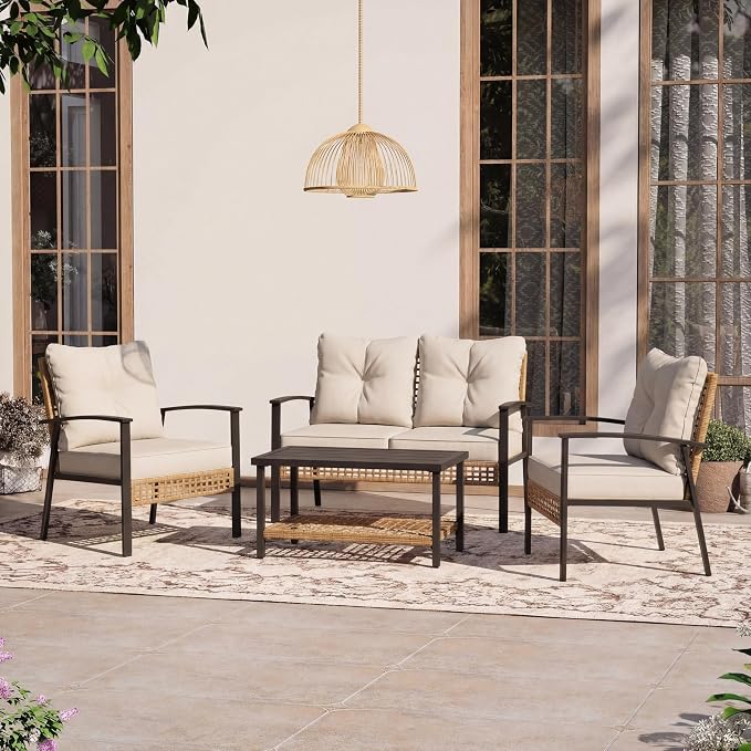 LAUSAINT HOME 4 Pieces Wicker Patio Conversation Set, Oversized Outdoor Furniture with Soft Cushions & 2 Tier Storage Coffee Table - for Backyard, Garden, Patio (Beige)