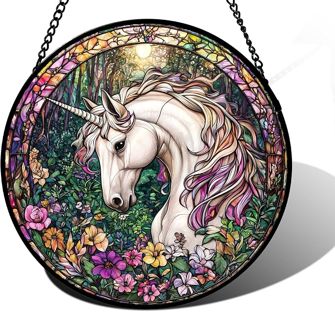 DASTOLL Stained Glass Window Hanging, Unicorn Flowers Suncatcher for Doors Home Sun Catchers Decoration and Christmas, Mother's Day Birthday Gifts for Women, Men, and Mom 9.8 in