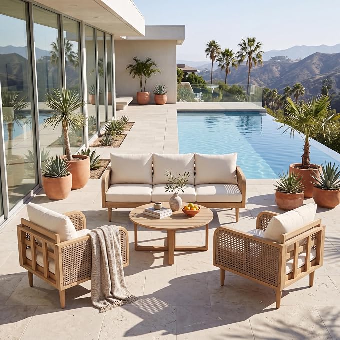 Christopher Knight Home Edward 4 Piece Patio Furniture Set with 3-Seater Sofa, Club Chairs And Coffee Table, 5 Seater Outdoor Acacia Wood Conversation Set, Patio Sofa Set, Light Teak+Light Brown+Cream
