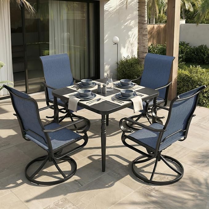 NUU GARDEN Outdoor Dining Set with Umbrella Hole, 5-Piece Patio Furniture Set with Slatted Table and 4 Swivel Padded Textilene Chairs, All-Weather Patio Dining Set, Blue