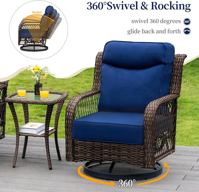 PIZZELLO 7 Piece Patio Furniture Set with 60" Propane Firepit Table, 4Pcs Outdoor Swivel Rocker Chairs with 2 Side Tables and Aluminum Gas Fire Table