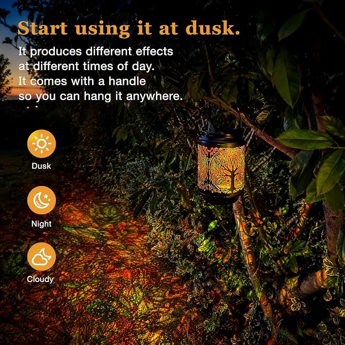 Tree of Life Solar Lantern Outdoor, Decorative Metal Solar Hanging Light with Colorful Light Pattern, Waterproof Garden Lantern for Patio, Yard, Porch, Balcony, Gifts for Women Mom Grandma