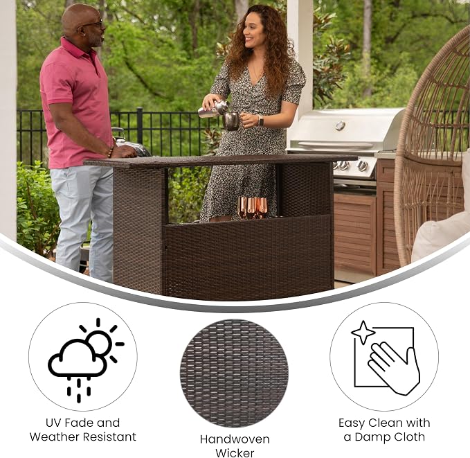 Flash Furniture Marco Indoor/Outdoor Patio Bar Counter Table, All-Weather Wicker Rattan Pattern, 2 Shelves, Brown