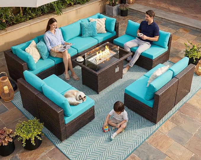 NICESOUL 11 Piece Outdoor Furniture Set with Fireplace, Luxury 10-Seats Patio Sectional Sets, 29.3'' High-Back Backyard Seating Area, All-Weather Wicker Couch Sofa Modular, Brown & Teal